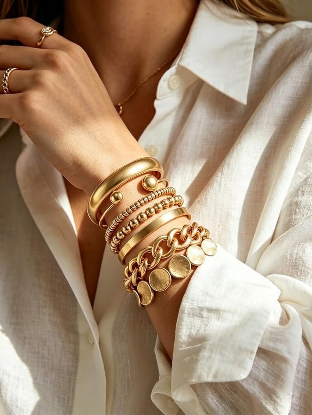 7pcs Gold Bracelets Chunky Beaded Stretch Stack Bangles Non Tarnish